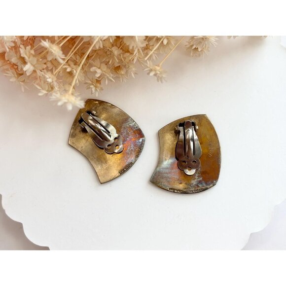 Modernist Sterling Silver Vermeil Taxco Mexican Abalone Vintage Clip On Earrings - Picture 2 of 10